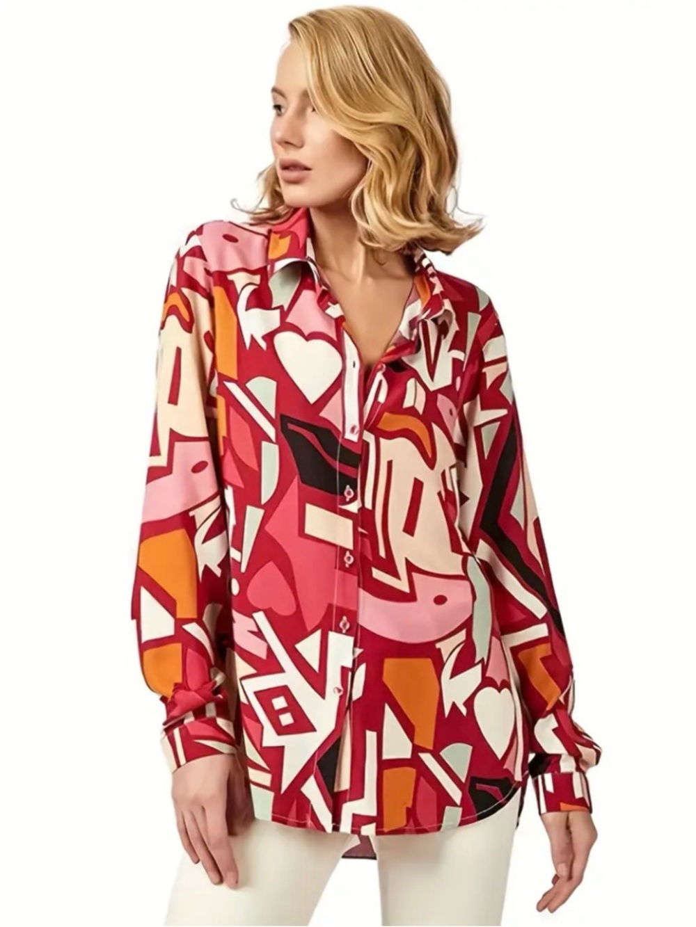 Abstract Graphic Button-Down Shirt - Pink & Red size 3x